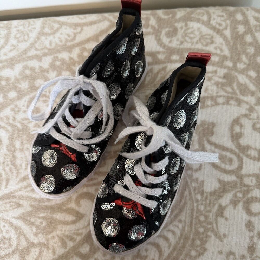 Disney Minnie Mouse High Top Kids Shoes Size 4 Black Silver Sequin Bow